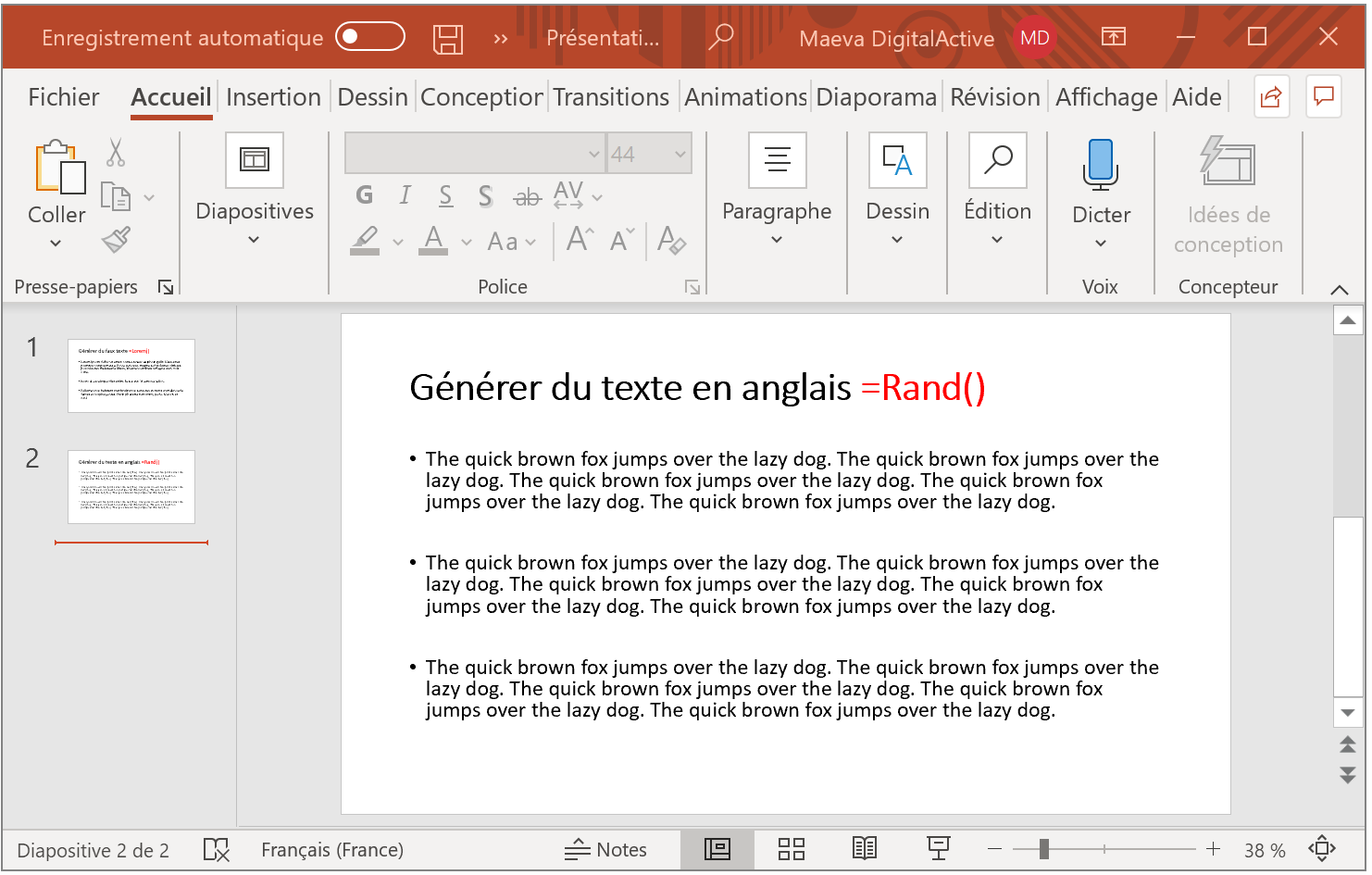 Générer du faux-texte sur PowerPoint avec la commande =Rand()